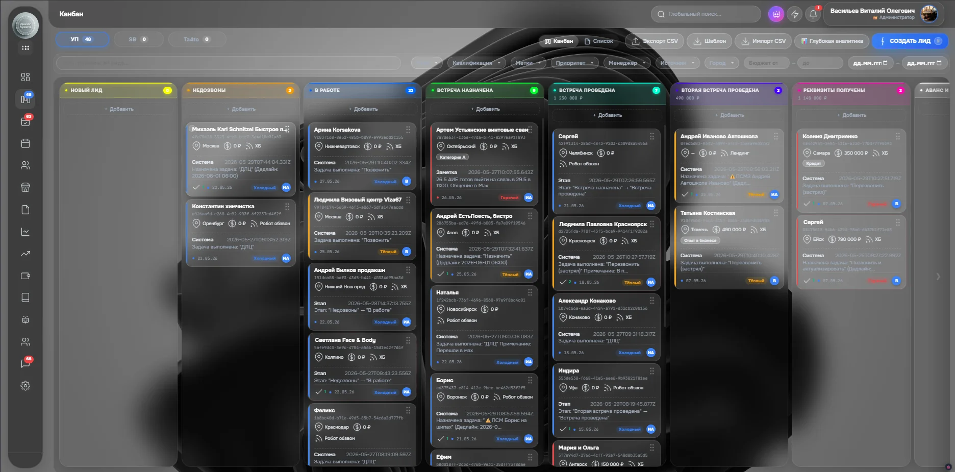 Скриншот DialogCRM: канбан-воронка продаж